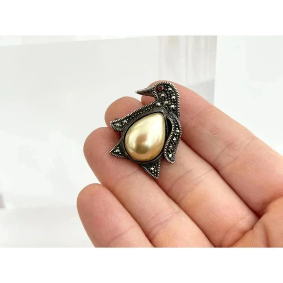 Sterling S Marcasite Teardrop Faux Pearl Cabochon Vintage Pendant Brooch Pin - Picture 7 of 10